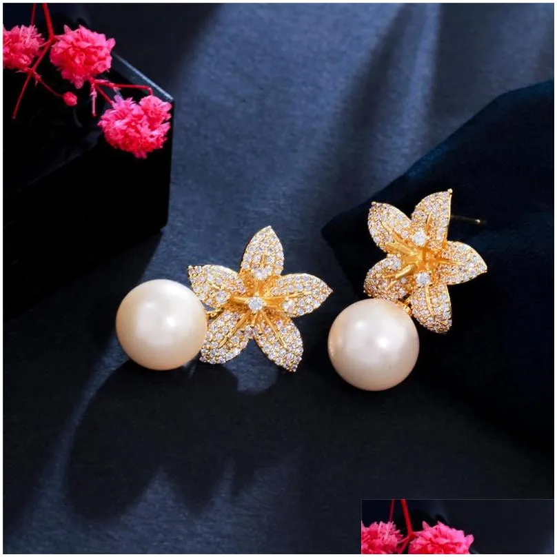 fashion imitation pearl flowers earrings charm jewelry bride wedding south american white aaa cubic zirconia copper 18k gold silver designer earring for women