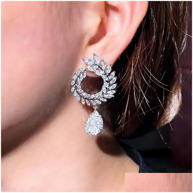luxury bride wedding charm long jewelry designer silver earrings south american water drop pearl white blue red aaa cubic zirconia copper earring for women