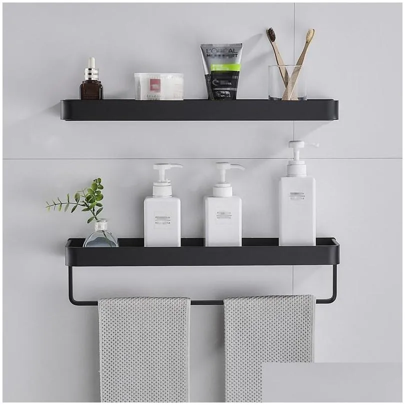 black aluminum towel shelf bathroom storage rack wallmounted tray vanity shower caddy spice organizer 30/40/50cm hooks rails