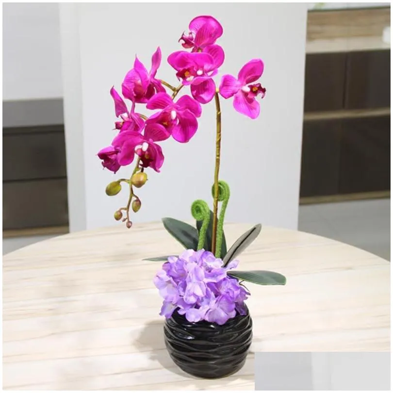 top quality touch butterfly orchid potted set artificial hydrangea silk flowers bonsai plants pot culture wedding home decor decorative