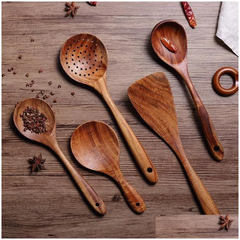 teak natural wood tableware spoon ladle turner long rice colander soup skimmer cooking spoons scoop kitchen tool set