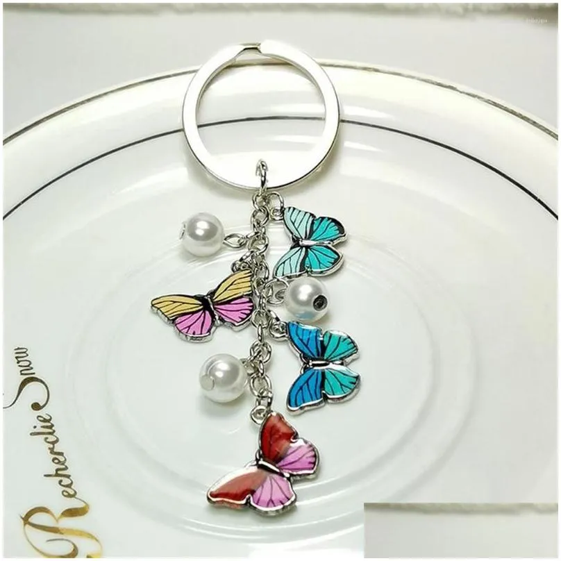 keychains exquisite butterfly pearl alloy keychain fashion colorful dripping oil insects keyring bag pendant ornaments car key holder