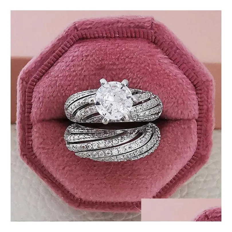 choucong brand wedding rings luxury jewelry 925 sterling silver round cut white topaz pave zircon cz diamond gemstones party women bridal couple ring set
