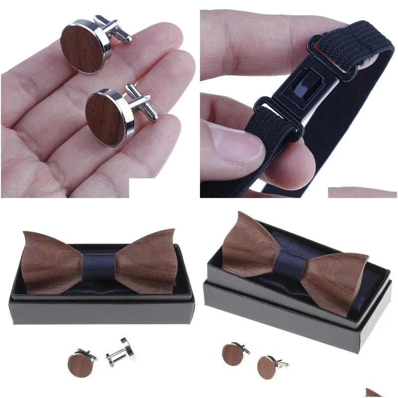 1set wooden tie pocket square cufflink wood bow tie men accessories wedding fashion wooden bow ties set