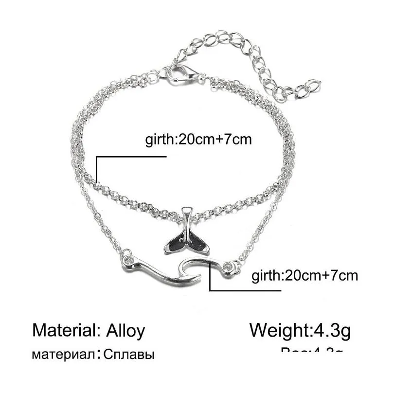 simple silver color double layered anklets for women summer beach fish tail wave foot chain ankle bracelets on leg jewelry