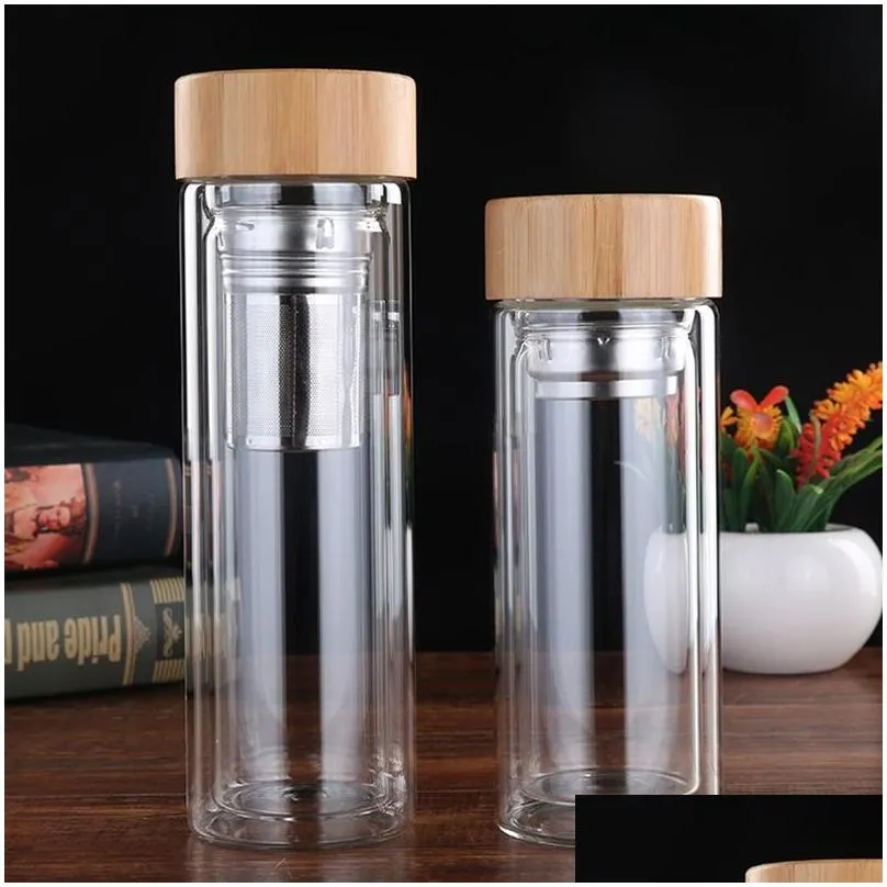 portable bamboo lid water cups double walled glass tea tumbler strainer infuser basket glass transparent water bottles vt1805