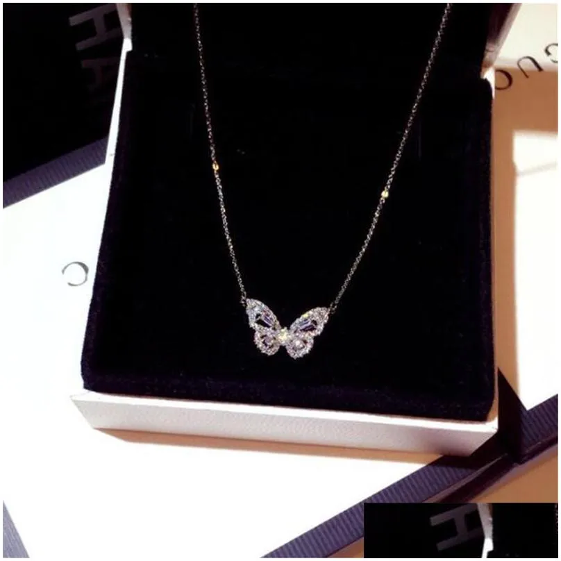 ins top sell butterfly pendant luxury jewelry 925 sterling silver rode gold fill pave white sapphire cz diamond gemstones party eternity clavicel necklace