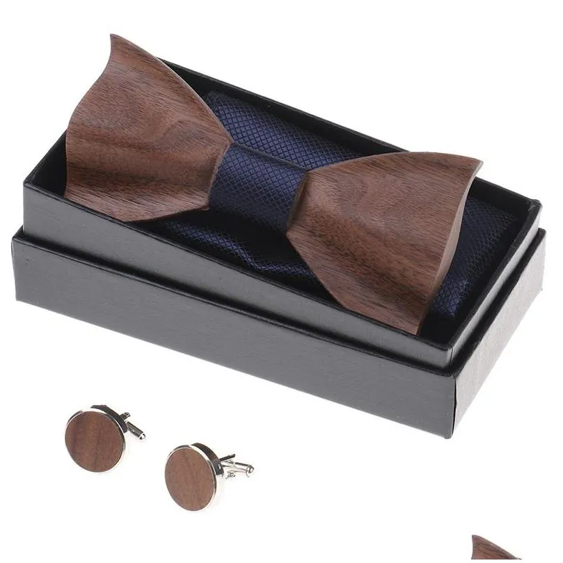 1set wooden tie pocket square cufflink wood bow tie men accessories wedding fashion wooden bow ties set