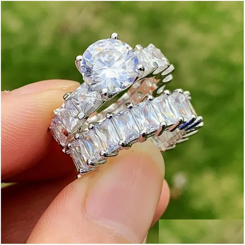 2020 couple rings luxury jewelry 925 sterling silver round cut white topaz cz diamond gemstones stack women wedding bridal ring set