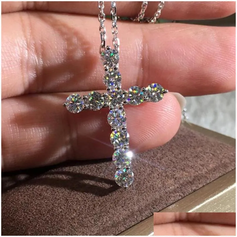 brand luxury jewelry 925 sterling silver full round cut white topaz cz diamond cross pendant party women clavicle necklace