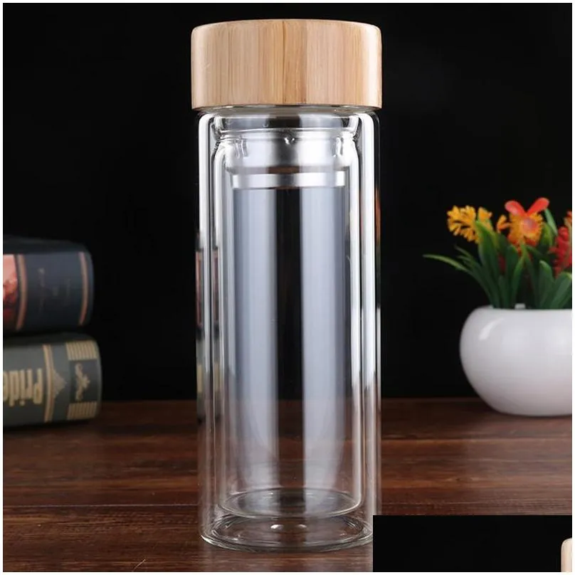 portable bamboo lid water cups double walled glass tea tumbler strainer infuser basket glass transparent water bottles vt1805