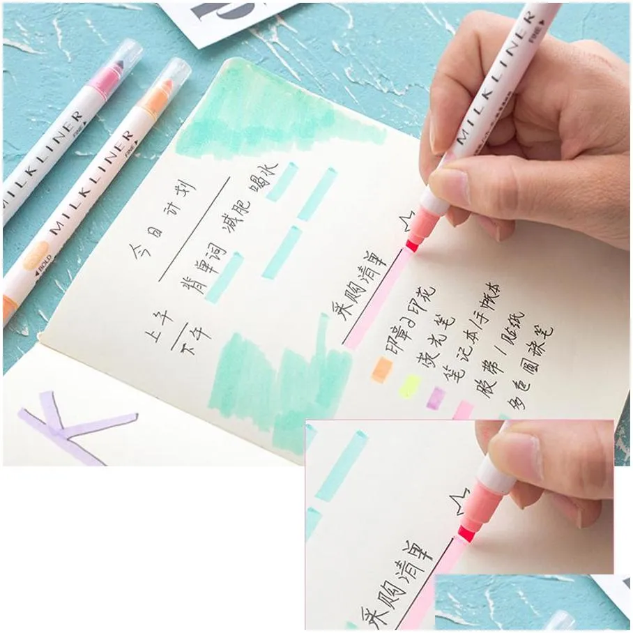 12 pcs/set double headed highlighters stationery mild highlighters pens colored drawing painting highlighter art marker pens dh1197