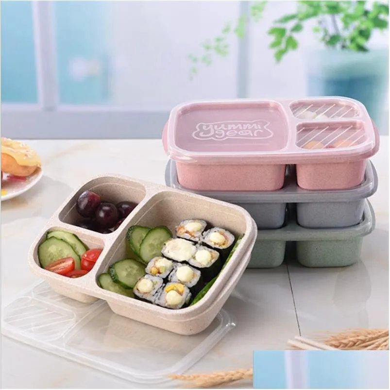 3 grid wheat straw lunch boxes microwave bento food grade health dinner box student portable fruit snack storage container vt0629