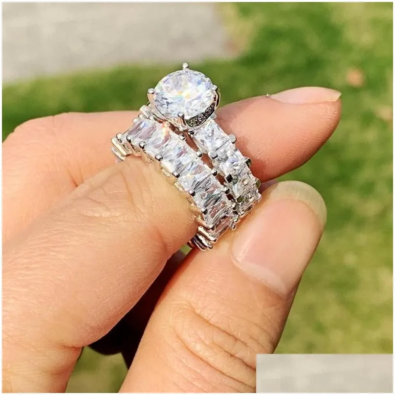 2020 couple rings luxury jewelry 925 sterling silver round cut white topaz cz diamond gemstones stack women wedding bridal ring set