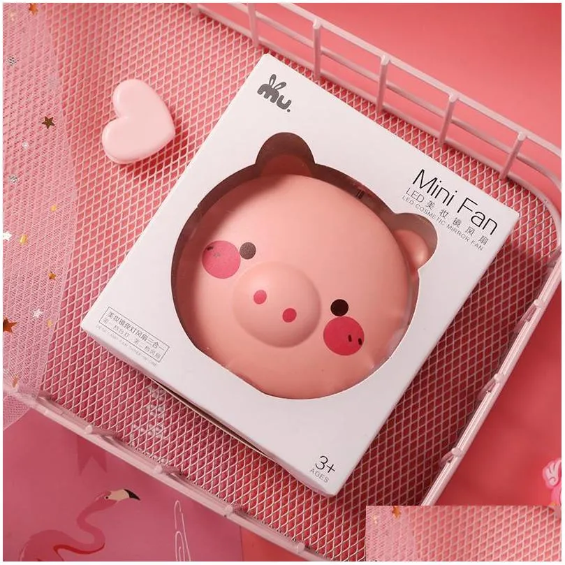 cute pig makeup mirror with small fan led light portable mini usb charging pocket mirror handheld fashion cartoon pig mirror gift