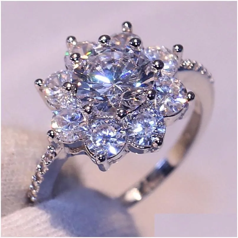 wholesale stunning luxury jewelry handmade sparkling 925 sterling silver white sapphire cz diamond gemstones women wedding flower ring