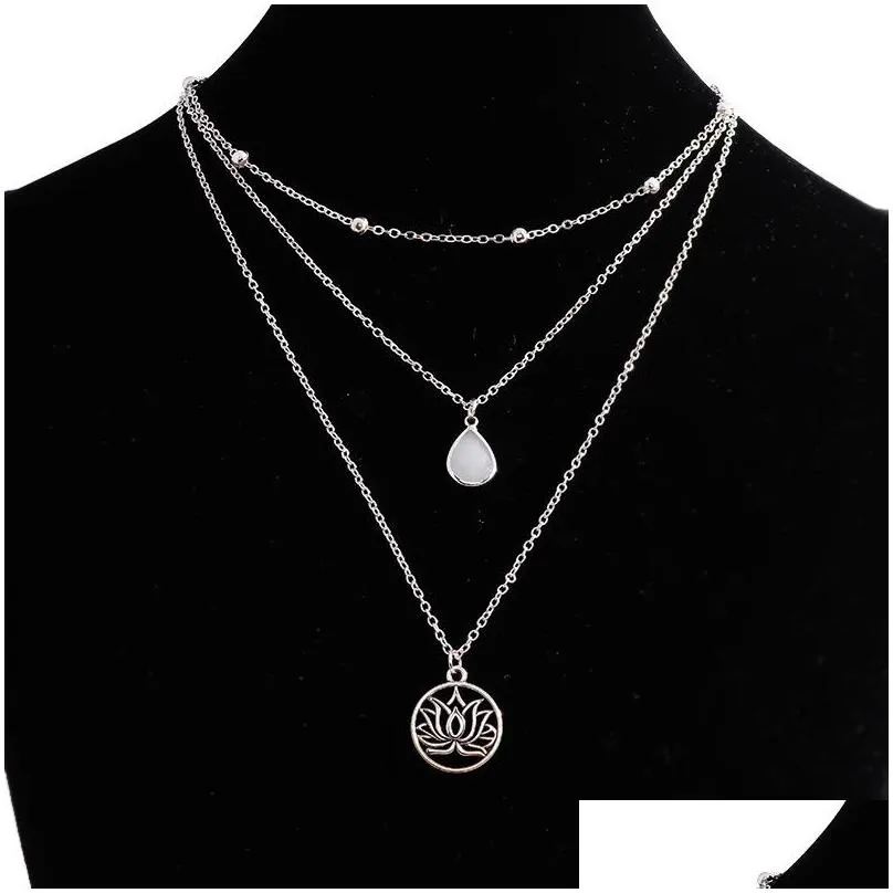 gold silver color buddhism lotus flower necklaces for women white crystal pendant multilayer chain necklace jewelry accessories