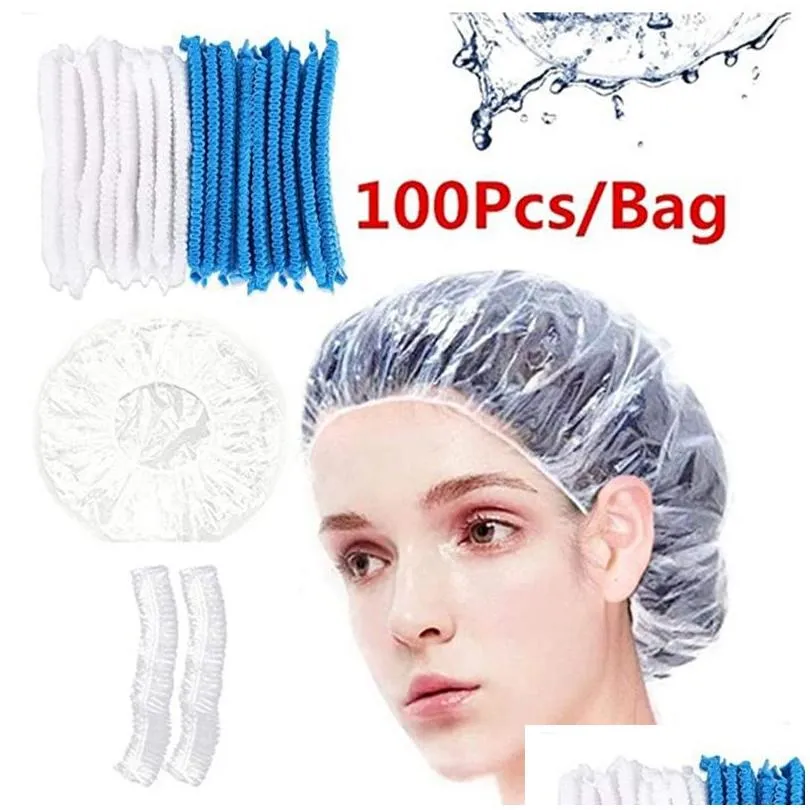 100pcs/lot disposable shower caps hat solid clear spa hair salon el oneoff bathing elastic shower cap bathroom products bath caps