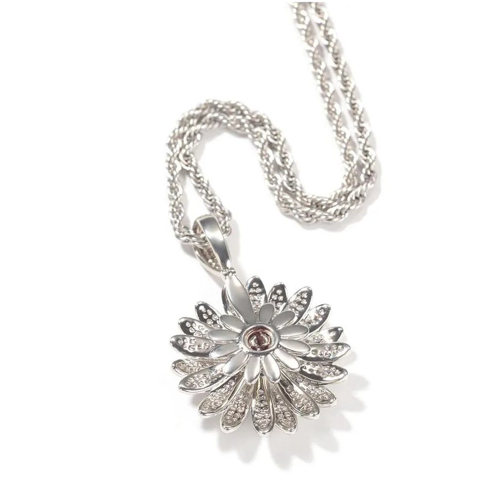 hip hop rotatable sunflower pendant necklace full bling zircon 18k real gold plated jewelry
