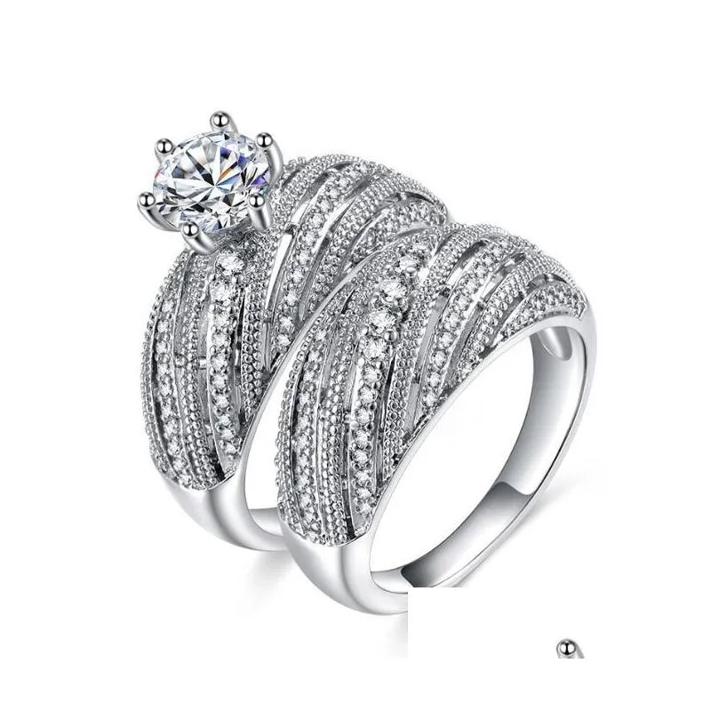 choucong brand wedding rings luxury jewelry 925 sterling silver round cut white topaz pave zircon cz diamond gemstones party women bridal couple ring set