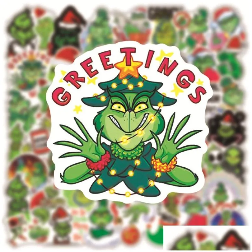 50pcs grinch christmas sticker pack for water bottle laptop skateboard motorcycle waterproof decals