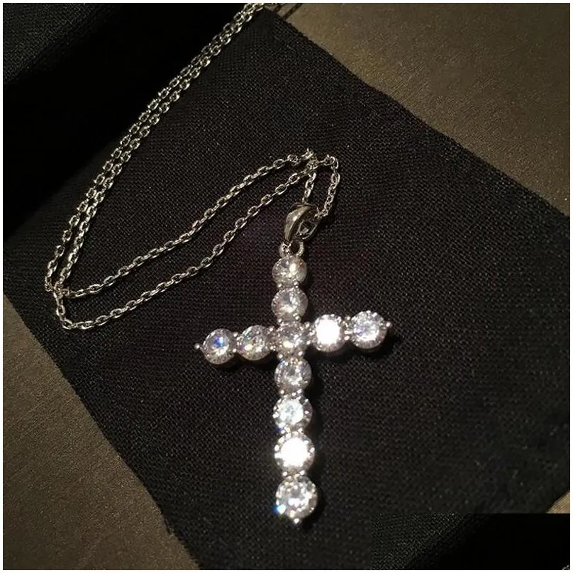  classical fashion jewelry 925 sterling silver full round cut white topaz cz diamond lucky gemstones cross pendant necklace