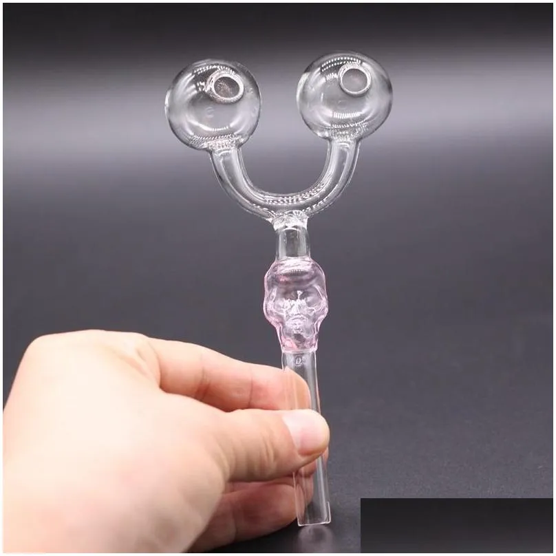 pink skull double oil burner glass pipe smoking tube water pipe for hookah shisha rigs tobacco cigarettes hand bong