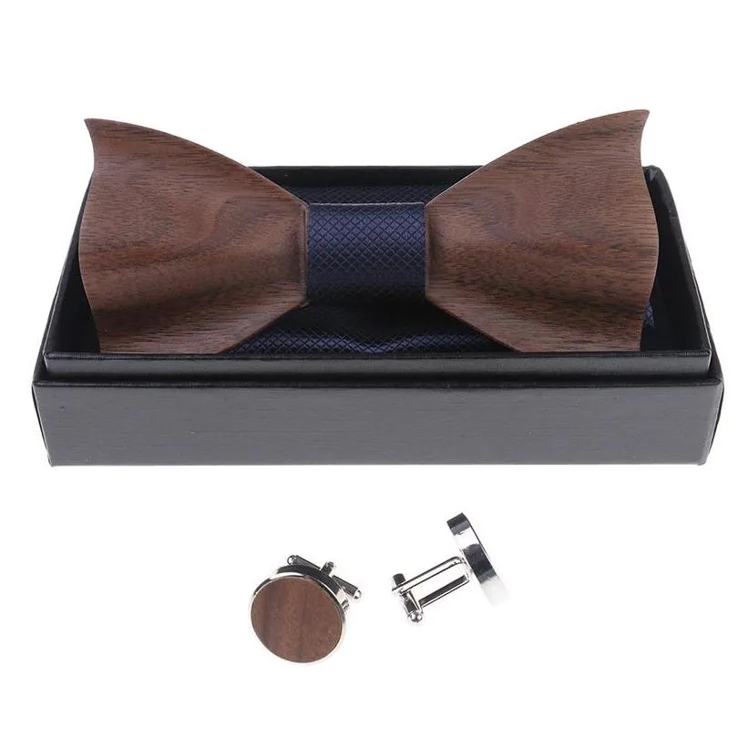 1set wooden tie pocket square cufflink wood bow tie men accessories wedding fashion wooden bow ties set