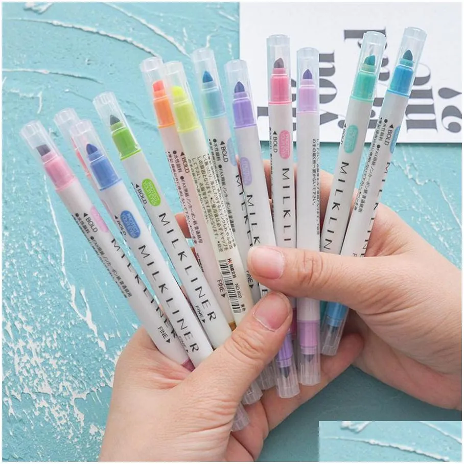 12 pcs/set double headed highlighters stationery mild highlighters pens colored drawing painting highlighter art marker pens dh1197