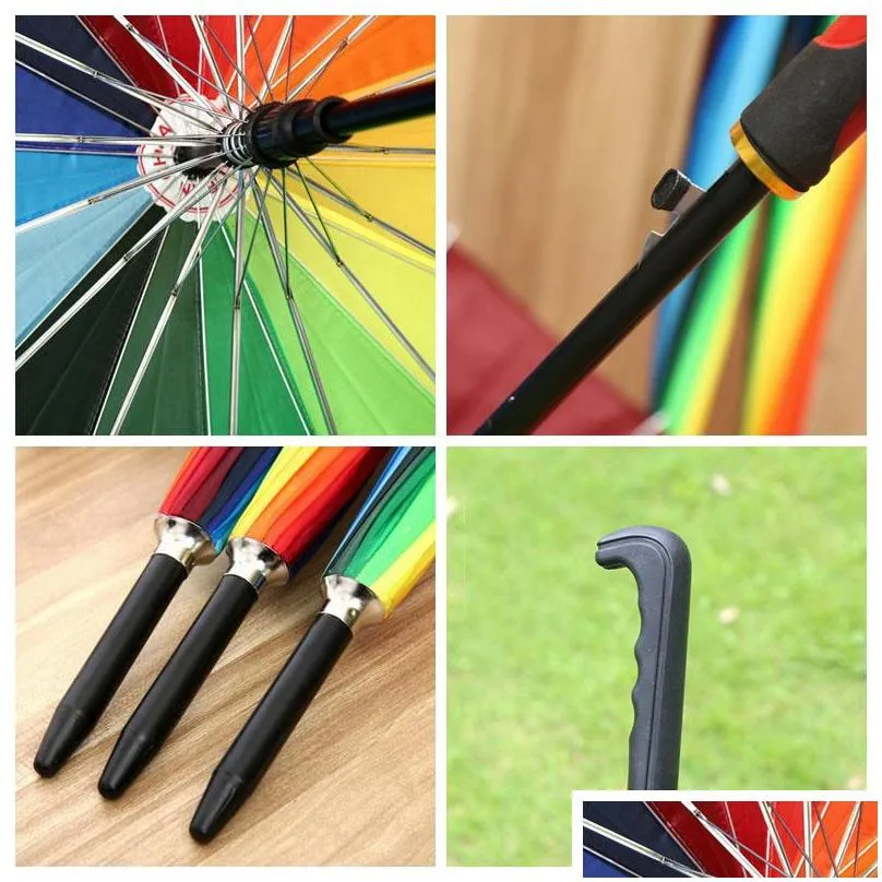 rainbow umbrella women 16k rainproof windproof long handle umbrellas strong frame waterproof large colorful rainbow umbrella dh1371