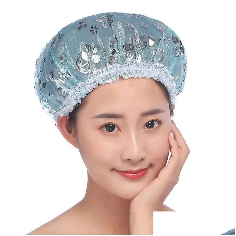 double layer stamping shower cap waterproof elastic band bath cap resuable hair caps hat adult makeup hair cover shower caps