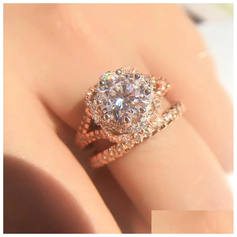 vintage fashion jewelry 925 sterling silver rose gold fill round cut white topaz cz diamond couple rings eternity women wedding bridal