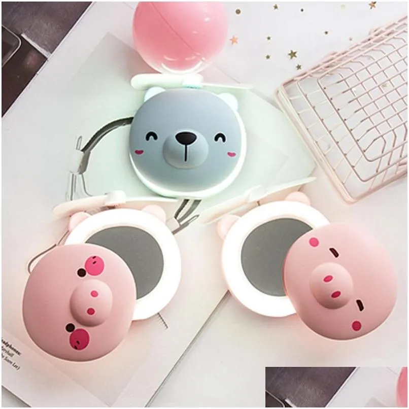 cute pig makeup mirror with small fan led light portable mini usb charging pocket mirror handheld fashion cartoon pig mirror gift