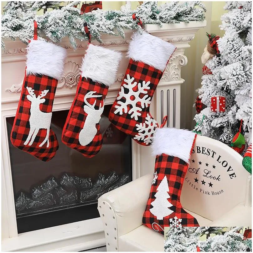 christmas plaid print stocking socks red black plaid candy gift bags xmas tree hanging ornament year christmas tree decor vt1727