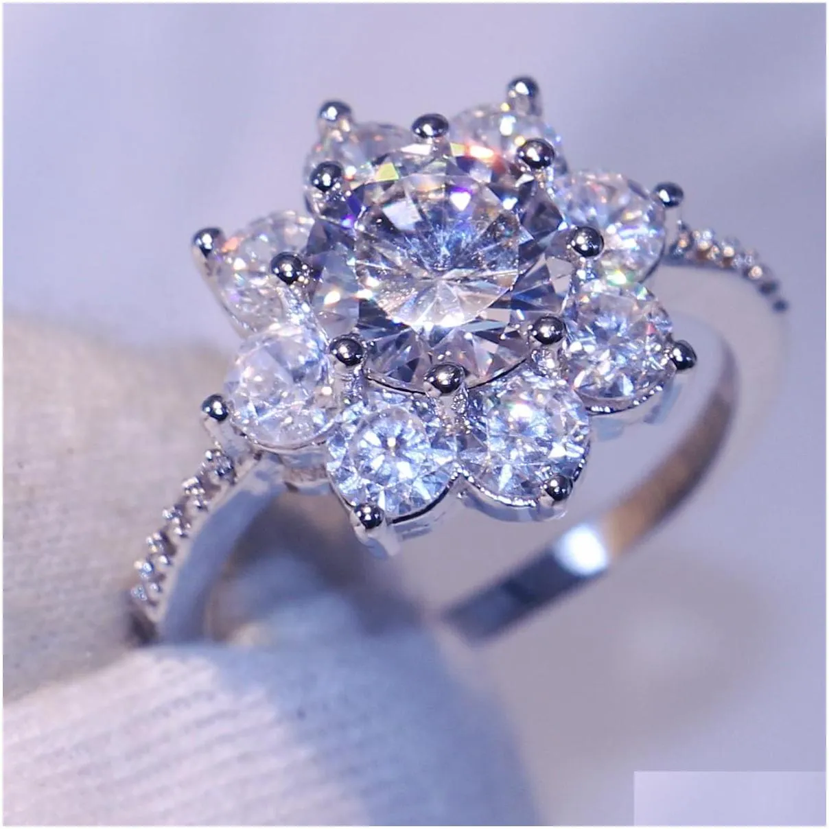 wholesale stunning luxury jewelry handmade sparkling 925 sterling silver white sapphire cz diamond gemstones women wedding flower ring