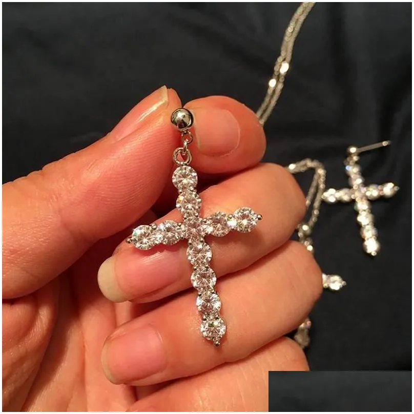  classical fashion jewelry 925 sterling silver full round cut white topaz cz diamond lucky gemstones cross pendant necklace