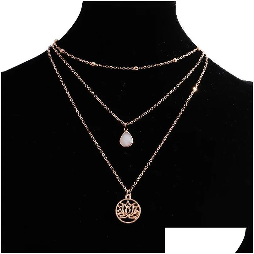 gold silver color buddhism lotus flower necklaces for women white crystal pendant multilayer chain necklace jewelry accessories