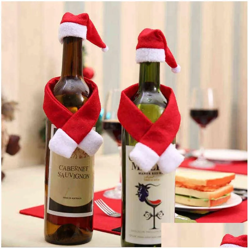 2pcs/set christmas hat wrap scarf wine bottle cover decorations year party bottles dinner table decor household xmas decoration vtm