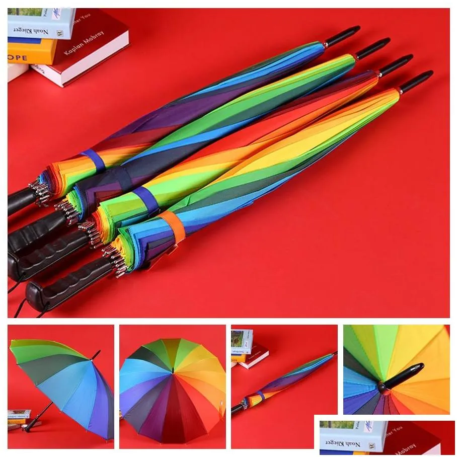 creative long handle colorful rainbow umbrellas durable semiautomatic rainproof windproof umbrellas women large umbrella dh0992