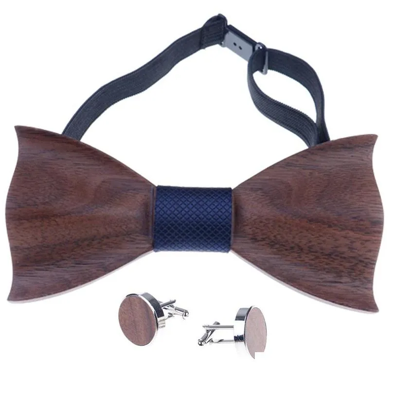 1set wooden tie pocket square cufflink wood bow tie men accessories wedding fashion wooden bow ties set
