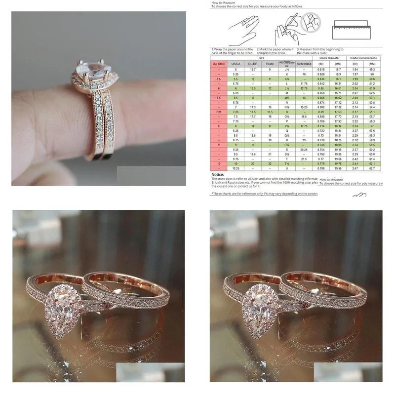 choucong brand wedding rings classical jewelry 925 sterling silver rose gold fill pear cut water drop white topaz cz diamond women bridal ring set for lover