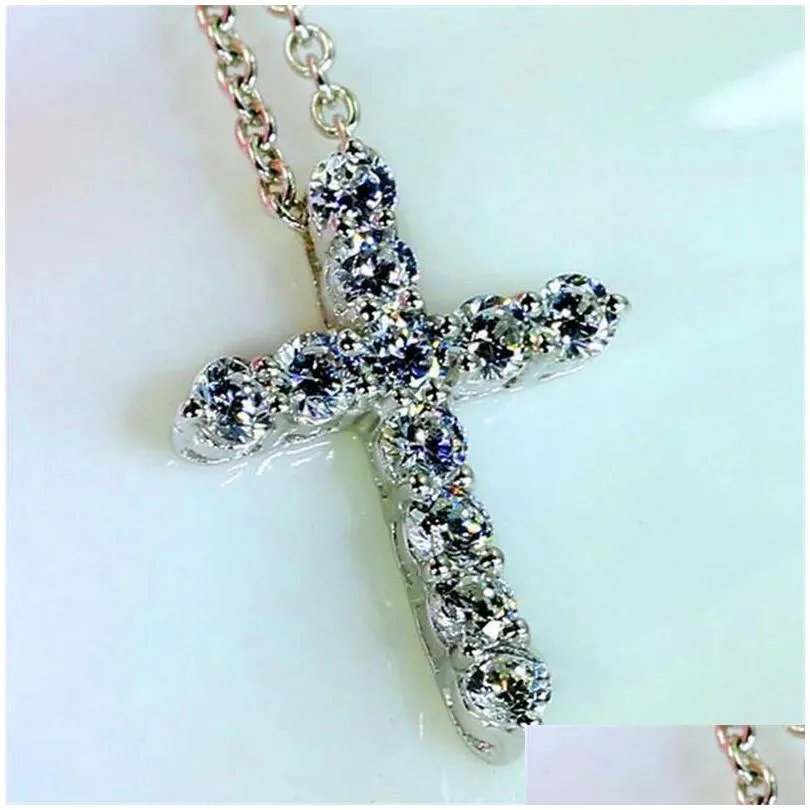 brand luxury jewelry 925 sterling silver full round cut white topaz cz diamond cross pendant party women clavicle necklace