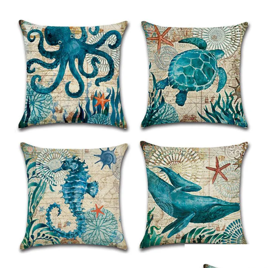 customizable singlesided printing marine sea turtle seahorse whale octopus home cushion covers 45x45cm linen sofa pillow case dh0569