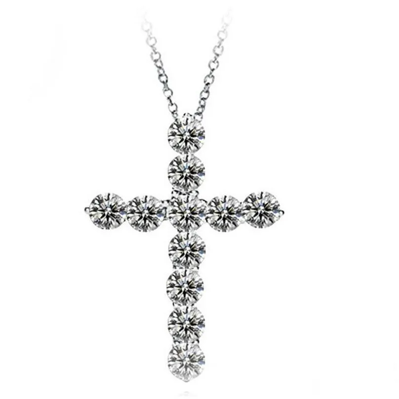 brand luxury jewelry 925 sterling silver full round cut white topaz cz diamond cross pendant party women clavicle necklace