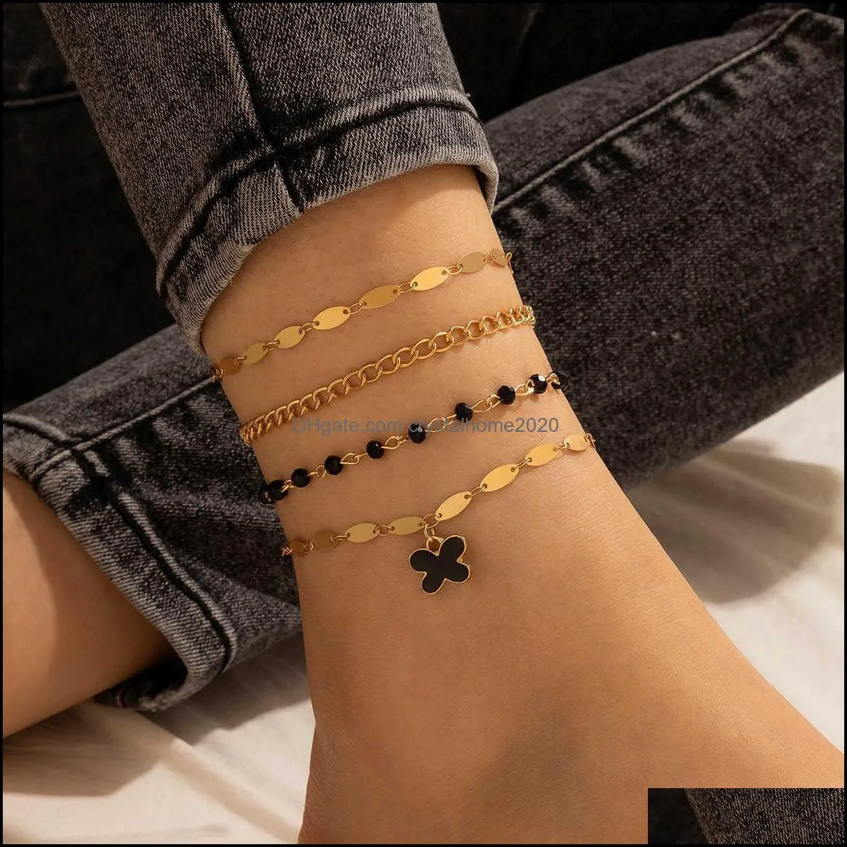 bohemian style beach anklet popular butterfly element black rice bead 4piece simple womens anklet