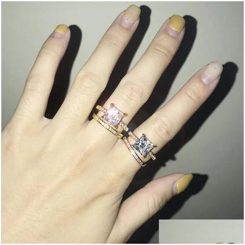 victoria luxury jewelry princess cut white topaz cz diamond couple rings 925 sterling silver 2 in 1 eternity women wedding bridal ring