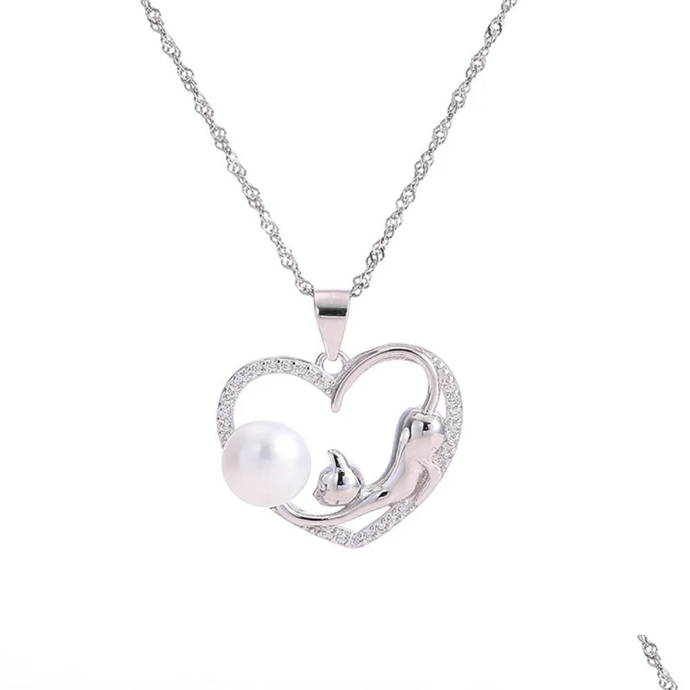 cute cat heart real s925 sterling silver womens wedding pendant necklace settings mounting semi mount diy pearls jewelry for women