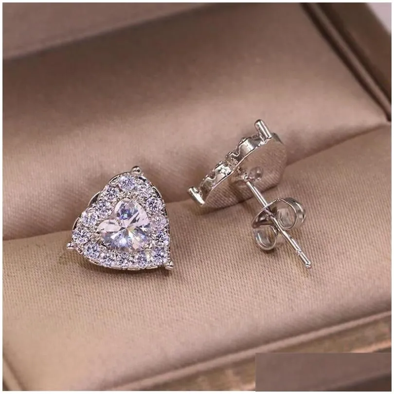 luxury jewelry real 925 sterling silver girl pear cut white topaz cz diamond simple fine party women wedding heart stud earring gift