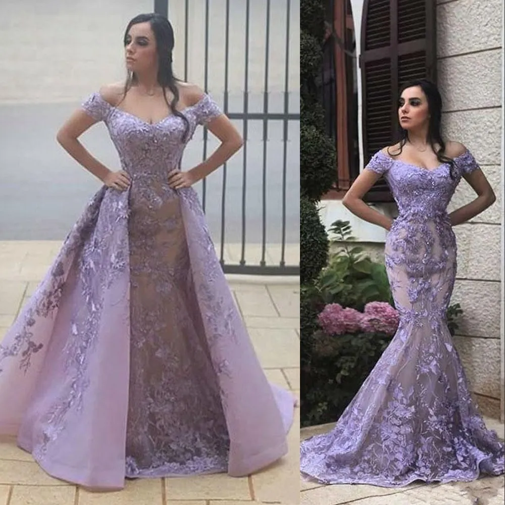 2023 Prom Dresses Lilac Mermaid Off Shoulder 3D Floral Flowers Beaded Crystal Lace Overskirts Detachable Train Formal Evening Gowns Plus Size Party Pageant Wear