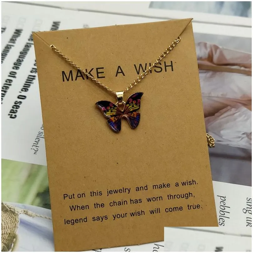 multicolor butterfly pendant necklace with wish card cute butterfly clavicle chain necklaces gift for love friend